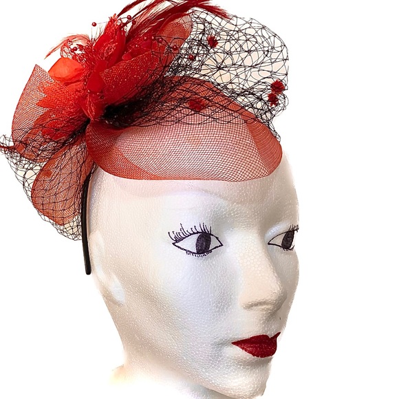 Vintage Red Hat feather Crinoline Black Veiling Bow - Picture 3 of 7